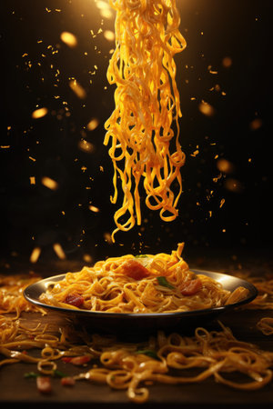 Instant noodle with sauce and vegetables flying in the air on dark backgroundの素材