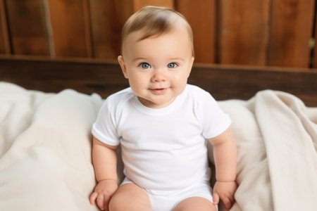 Baby wearing white shirt bodysuit for mock up. Top view at white bed background.の素材
