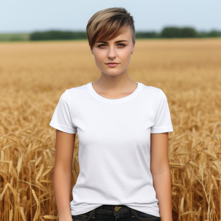 White blank t shirt mock up. woman in spikelets fieldの素材