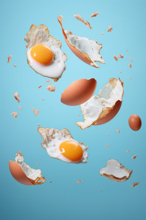fried eggs for breakfast fly in the air on blue pastel background. Trendy food levitationの素材
