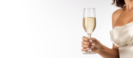 festive hand of woman with flutes of champagne on light background with bokehの素材