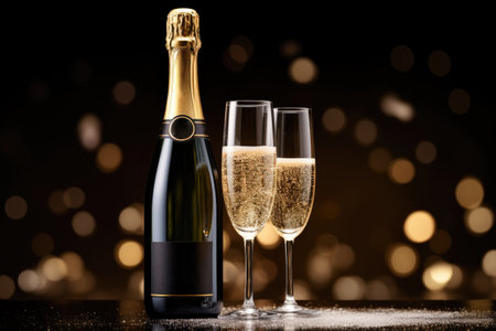 Dark festive glass and bottle of champagne on bokeh background. Copy space for textの素材