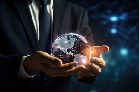 Lighting transparent globe with connections in Businessman hands. internet and communication conceptの素材