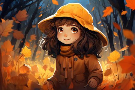Illustration of walking cute girl in autumn park. orange autumn moodの素材