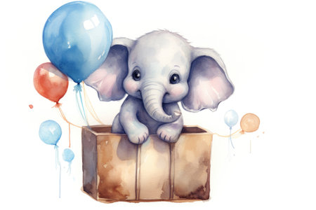 Cute cartoon watercolor elephant character in box with balloons on white backgroundの素材