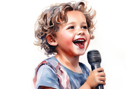 Cute cartoon watercolor little boy character with microphone on white backgroundの素材