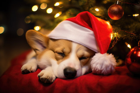 Cute corgi puppy dog wearing santa hat sleeping under the christmas tree. Holiday bokeh backgroundの素材