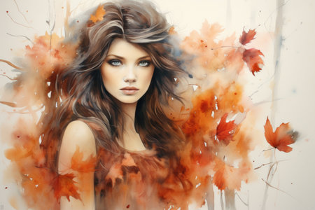 Watercolor elegant autumn girl with long hair and leaves on white backgroundの素材