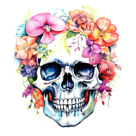 watercolor skull with flowers on white background. design for tattoo t-shirt in boho styleの素材