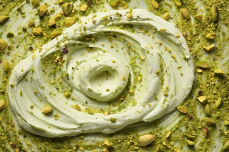 macro texture swirl of green pistachio ice cream with nuts. food backgroundの素材