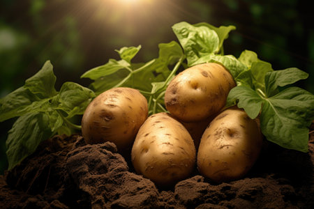 Potato harvest in the vegetable garden in sunny day. farming conceptの素材