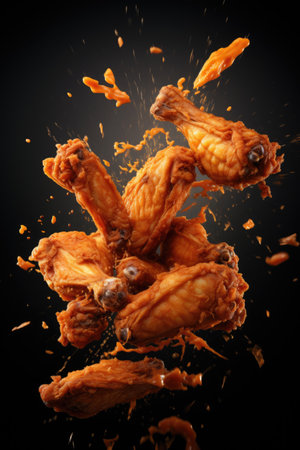 crispy BBQ chicken wings in the air on black background. Levitation conceptの素材
