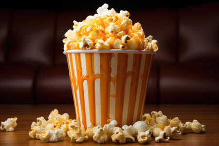Popcorn in striped bowl on dark background. Generative AI contentの素材