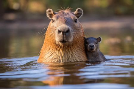cute capybara mother with their children in the waterの素材