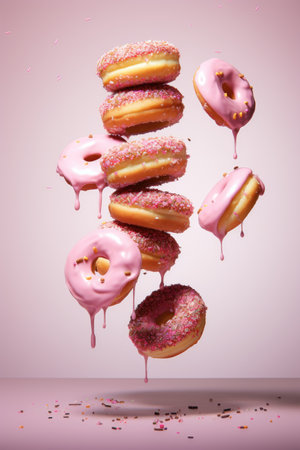 donuts fly in the air on pink pastel background. Trendy food levitationの素材