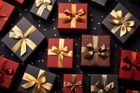 Many gift boxes with bows on dark table. Top view, flat lay. Christmas and other holidays concept.の素材