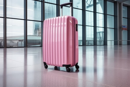 Color Suitcase in empty airport corridor. Travel concept.の素材