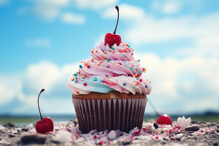 Delicious tasty berry cupcake with cream and decorations. Close upの素材