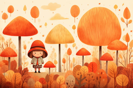 Illustration of walking cute girl in autumn park. orange autumn moodの素材