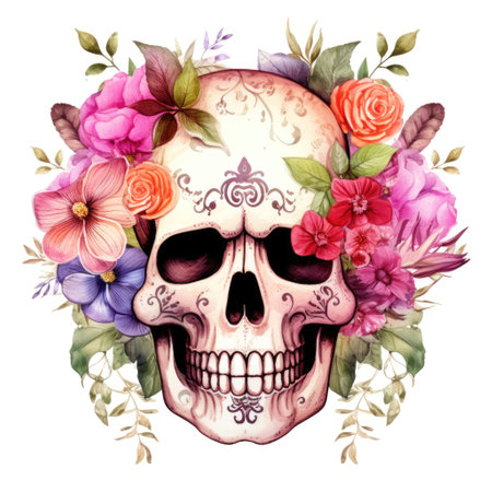 watercolor skull with flowers on white background. design for tattoo t-shirt in boho styleの素材