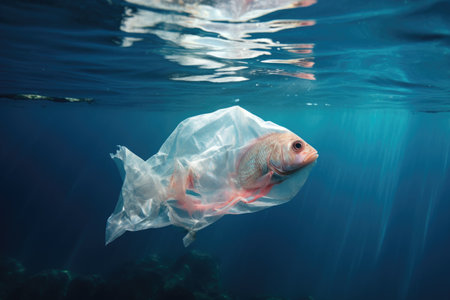 Fish in a piece of cellophane bag swims in the ocean. World plastic pollutionの素材