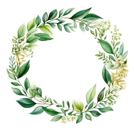 square frame of watercolor green leaves on white background. Beautiful elegant nature wreathの素材