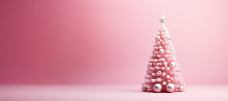 Christmas background with fir tree and balls in pink soft pastel color. Holliday xmas in 3d styleの素材