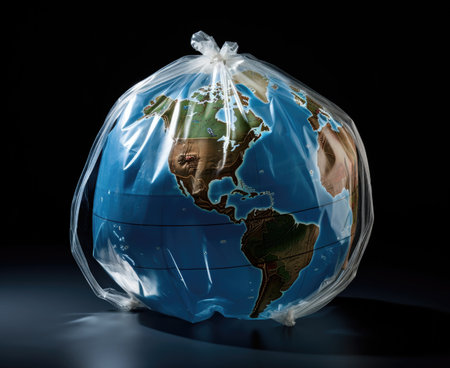Globe of planet Earth in a cellophane bag on black background. World plastic pollutionの素材
