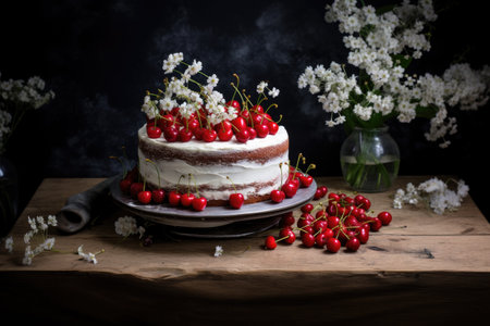 Tasty cake with berries and white cream on a dark background.の素材