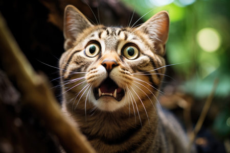 surprised funny cat with open mouth on green nature background. Top of head.の素材