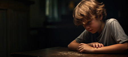 sad depressed young boy child sit in your room. depression stress or frustrationの素材