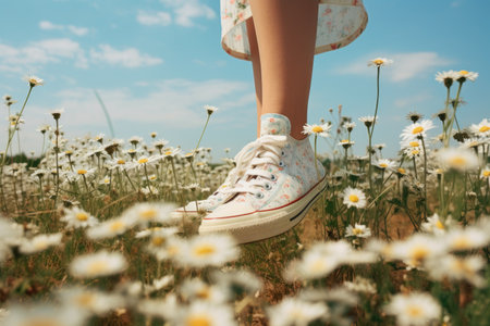 Foots of girl in shoes on white daisies field. bottom viewの素材