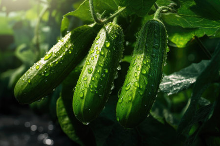 Green cucumber grow in the vegetable garden in sunny day. Harvest farming conceptの素材