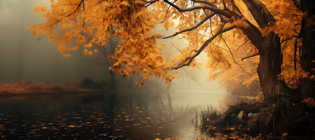 Landscape with lake and orange autumn tree. Atmospheric autumn moodの素材