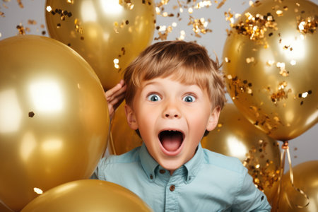 surprised little boy on solid bright background with colorful balloons. Happy Birthday concept.の素材