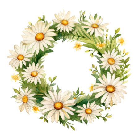 watercolor daisy wreath with flower and leaves on white backgroundの素材