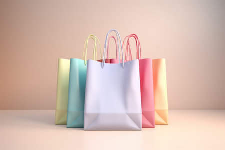 Shopping bag in soft pastel colors on light background. Sale concept in 3d styleの素材