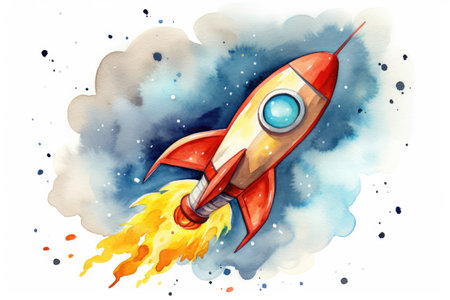 watercolor rocket in outer space on a white background. Cartoon Spaceshipの素材