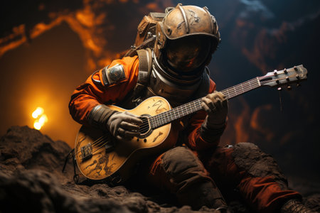 Astronaut sitting on the dark moon surface and playing on the guitarの素材