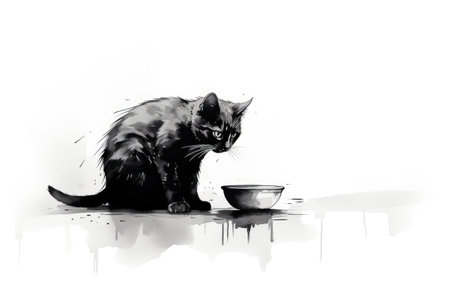 watercolor illustration of cat eating food from a bowl on a white backgroundの素材