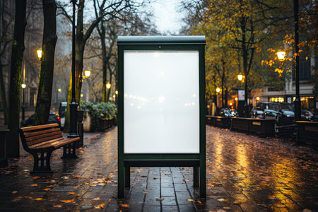Blank city banner mock up on the sidewalk. Billboard in the city center mock up. night street. Generative AI contentの素材