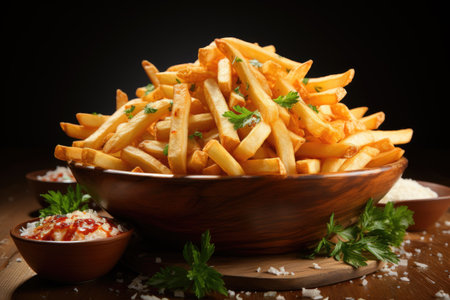 French fries in a bowl with sauces on a wooden backgroundの素材