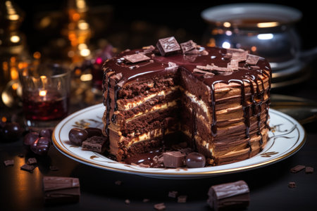 Piece of tasty chocolate cake with fresh berries on dark backgroundの素材
