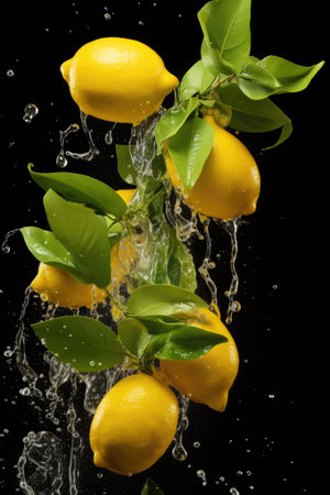 Lemons with leaves and water splashes in the air on black backgroundの素材