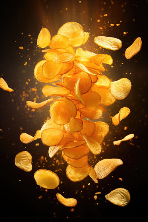 flying potato chips on a dark background with species. Levitation advertising concept.の素材