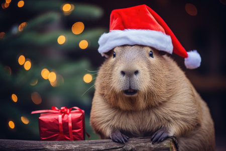 capybara wearing Santa hat on bokeh backdrop. christmas conceptの素材