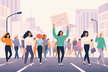 flat illustration of Group of females protesters crowd holding blank banners, manifesting activists demonstrating empty signs. Public street protest conceptの素材