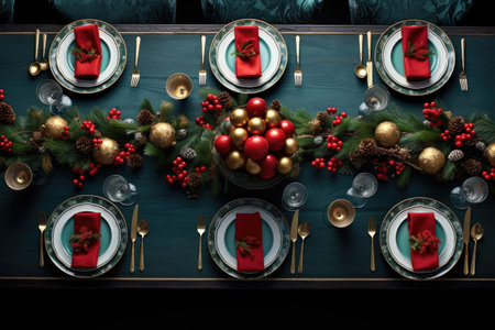 Christmas table setting with dishware, silverware and decorations on festive table. Top view.の素材