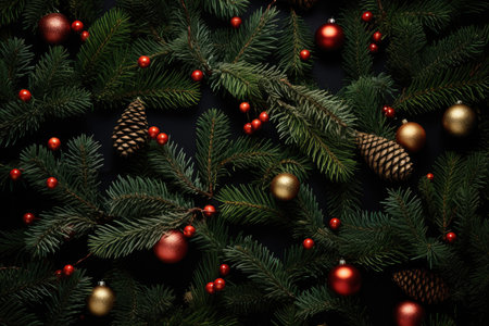 Background of green dark texture spruce christmas tree branches with cones and decorations.の素材