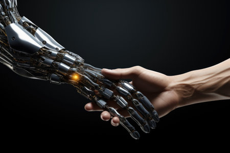 Handshake Robot and human. modern technologies. background business technology, connection between people and artificial intelligenceの素材